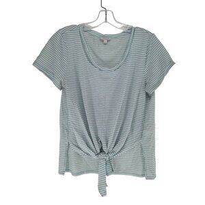 Lucky Brand Large Women's  T-Shirt Striped Blue and White Shadow Neck Knot front